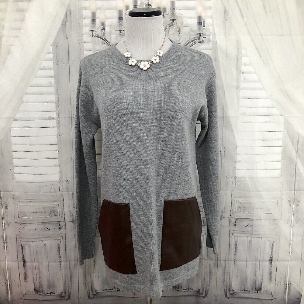 J Crew Womens Small Crewneck Merino Wool Sweater Gray Brown Faux Leather Pockets